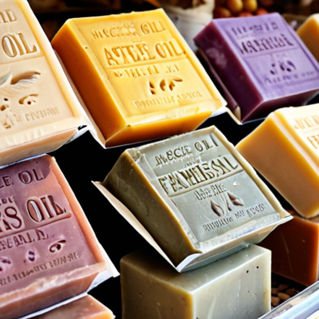 **
Close-up of colorful, artisanal soaps on display at a French farmers market ("marché paysan"). Focus on the natural ingredients like olive oil, lavender, and different colored clays. Soft, diffused lighting.
**