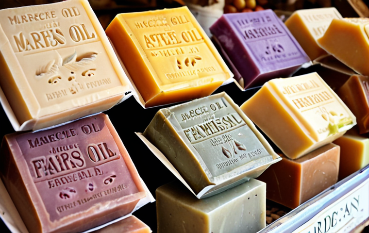 **
Close-up of colorful, artisanal soaps on display at a French farmers market ("marché paysan"). Focus on the natural ingredients like olive oil, lavender, and different colored clays. Soft, diffused lighting.
**