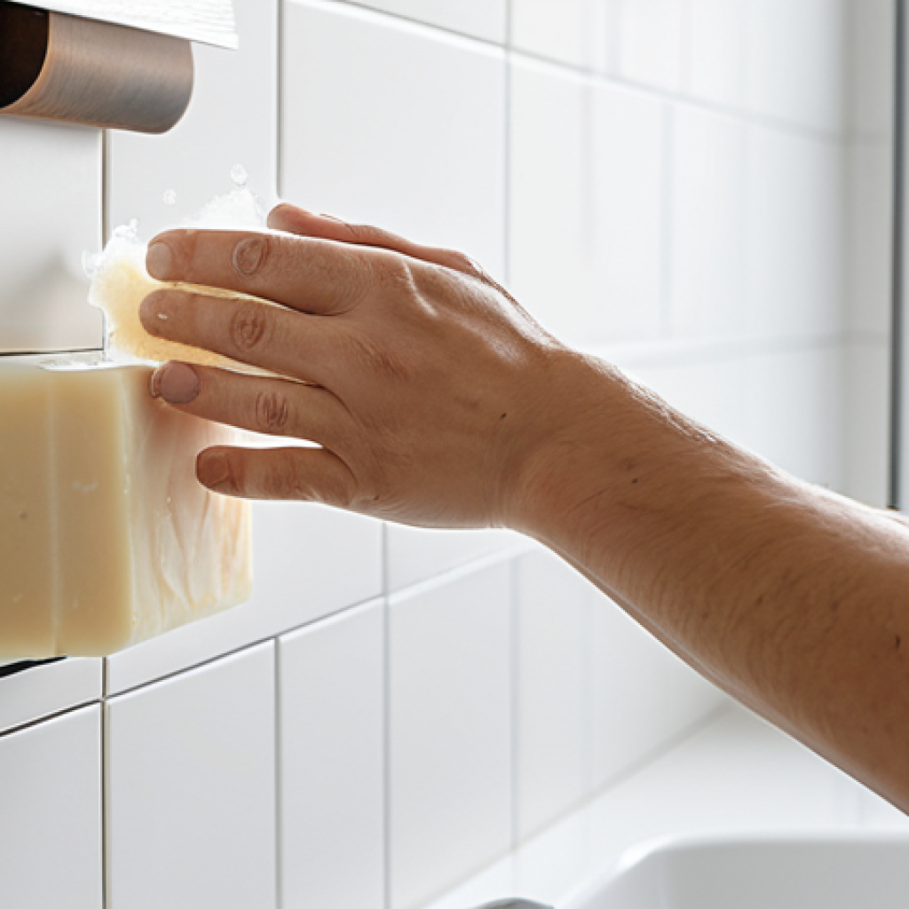 A person with well-formed hands, fully clothed in modest, comfortable attire, gently washing their hands with a natural artisanal soap bar in a bright, clean, minimalist bathroom. Soft natural light illuminates the scene, highlighting the creamy, gentle lather and the feeling of soft, healthy skin. The overall atmosphere is serene and focused on well-being, suggesting comfort and natural care. perfect anatomy, correct proportions, natural pose, proper finger count, natural body proportions, safe for work, appropriate content, family-friendly, professional photography, high quality, professional dress, appropriate attire.