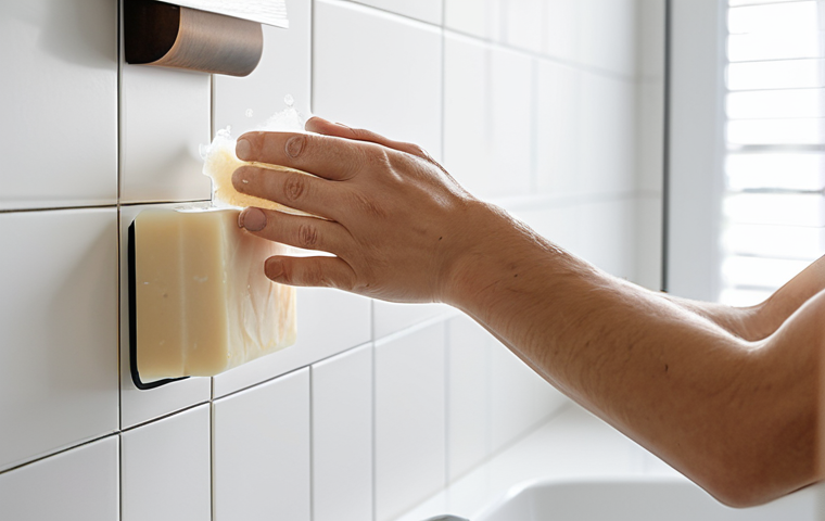 A person with well-formed hands, fully clothed in modest, comfortable attire, gently washing their hands with a natural artisanal soap bar in a bright, clean, minimalist bathroom. Soft natural light illuminates the scene, highlighting the creamy, gentle lather and the feeling of soft, healthy skin. The overall atmosphere is serene and focused on well-being, suggesting comfort and natural care. perfect anatomy, correct proportions, natural pose, proper finger count, natural body proportions, safe for work, appropriate content, family-friendly, professional photography, high quality, professional dress, appropriate attire.