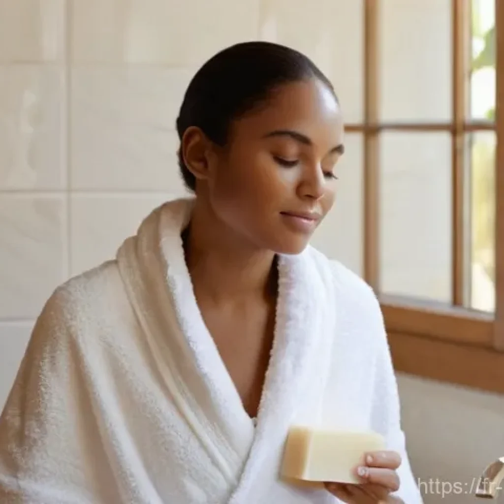 천연비누 클렌징 효과 - **Prompt:** A serene and minimalist bathroom scene with soft, warm natural light streaming through a...