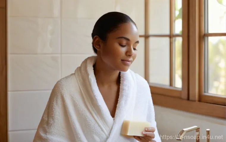 천연비누 클렌징 효과 - **Prompt:** A serene and minimalist bathroom scene with soft, warm natural light streaming through a...