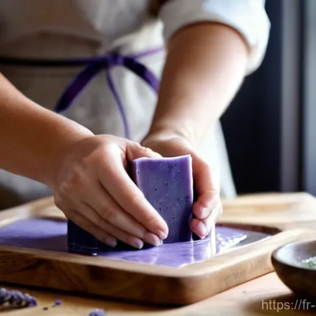 천연비누 블로그 운영 - **Prompt: "A close-up shot of a pair of artisan's hands, specifically a woman's hands, carefully sli...