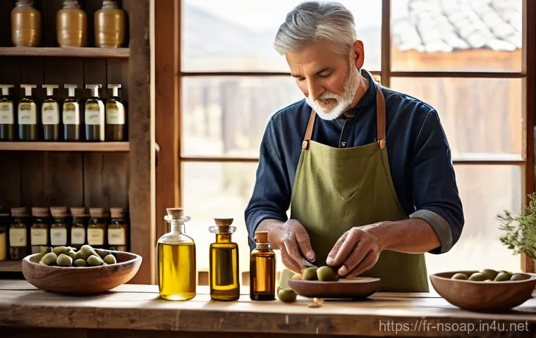 천연비누 오일 추출법 - Image Prompt 1: The Artisan's Oil Selection**