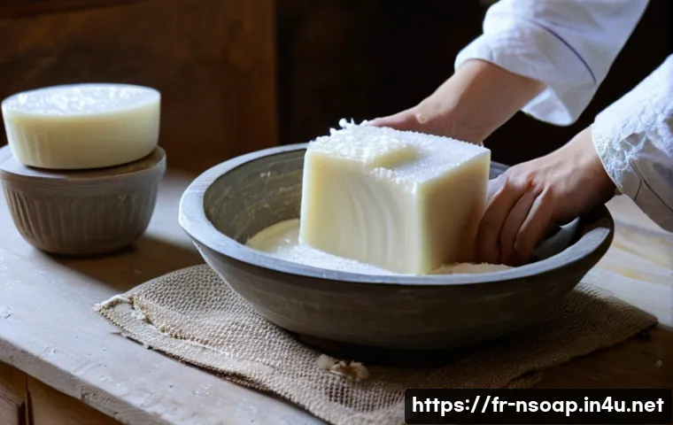 천연비누 만들기 과정 - **Prompt:** A close-up, warm-toned photograph capturing the intricate process of natural soap making...
