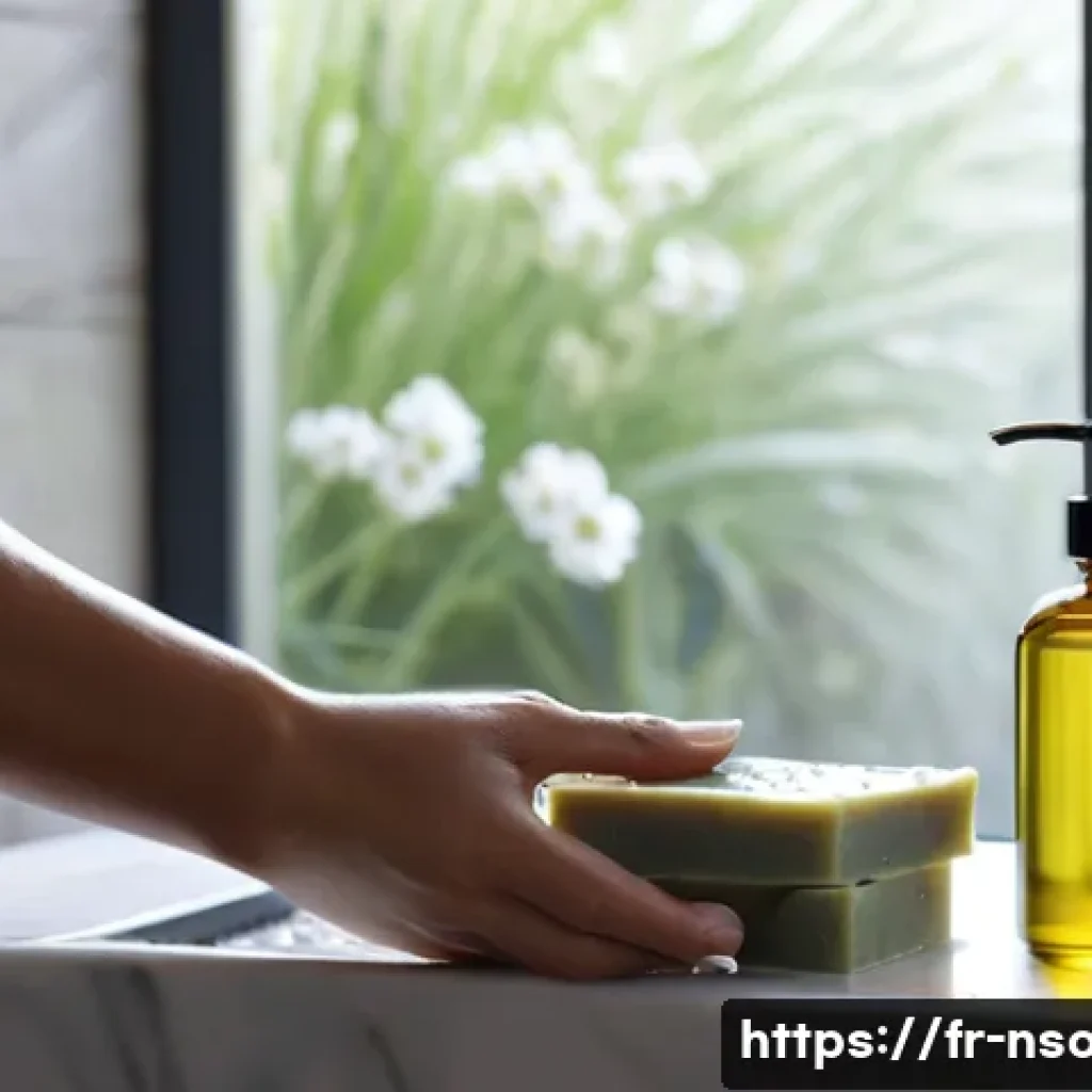 천연비누 피부 탄력 - A serene bathroom scene featuring a natural skincare routine: a close-up of a person’s hands latheri...