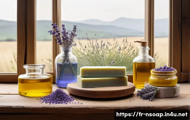 천연비누 오일 레시피 - A serene artisanal soap-making scene featuring a rustic wooden table with various natural vegetable ...