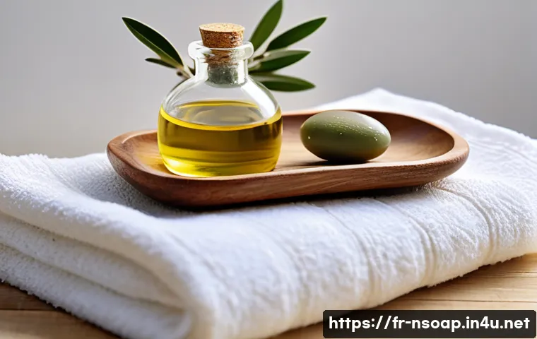 천연비누 효능이 검증된 제품 - A serene bathroom scene showcasing a rustic wooden soap dish holding a handcrafted natural olive oil...