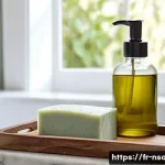 Home 20 천연비누의 세정력 - A serene, sunlit bathroom scene featuring artisanal natural soaps arranged on a wooden tray beside g...