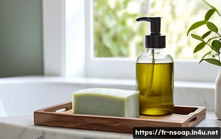 천연비누의 세정력 - A serene, sunlit bathroom scene featuring artisanal natural soaps arranged on a wooden tray beside g...
