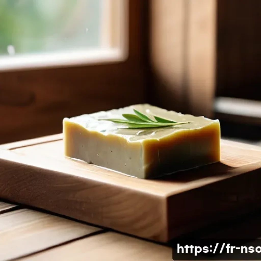 천연비누 사용 후 피부변화 - A serene, natural bathroom scene showcasing artisanal natural soaps made with olive oil and shea but...