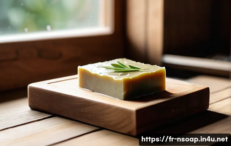 천연비누 사용 후 피부변화 - A serene, natural bathroom scene showcasing artisanal natural soaps made with olive oil and shea but...