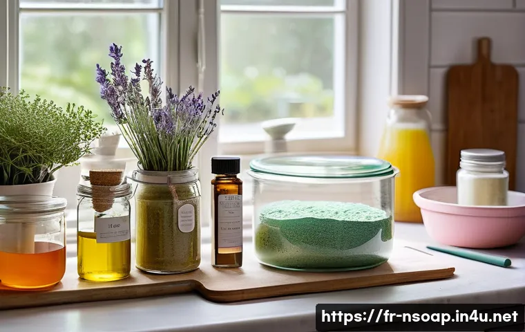 천연비누 레시피 - A cozy artisan soap-making workspace in a bright, airy French kitchen with natural sunlight streamin...