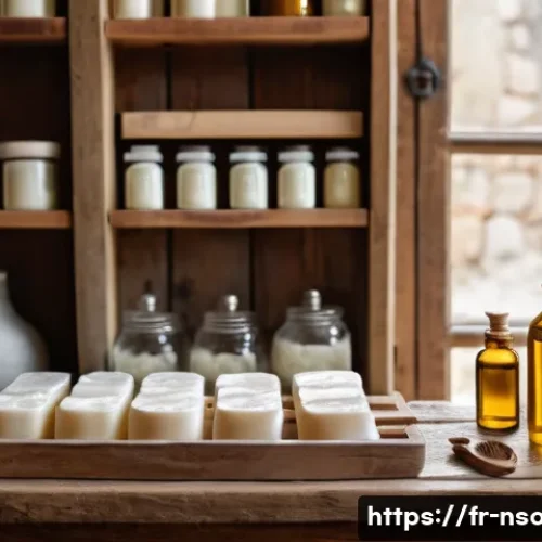 Home 17 천연비누 손세정 - A cozy artisanal soap workshop scene in a rustic French countryside kitchen, showcasing handmade nat...