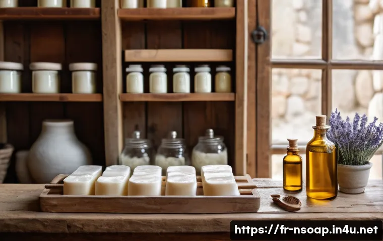 천연비누 손세정 - A cozy artisanal soap workshop scene in a rustic French countryside kitchen, showcasing handmade nat...