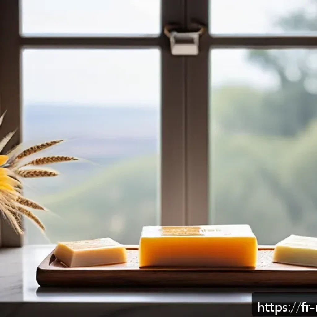 천연비누 비타민 E - A serene bathroom scene showcasing artisanal soap bars enriched with vitamin E, placed elegantly on ...