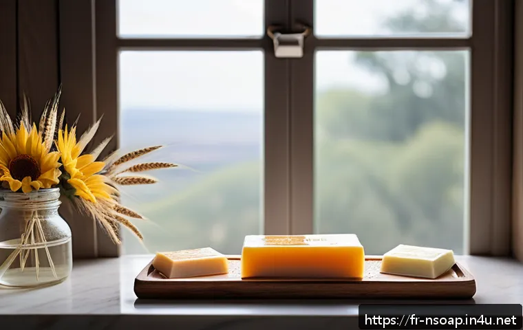 천연비누 비타민 E - A serene bathroom scene showcasing artisanal soap bars enriched with vitamin E, placed elegantly on ...
