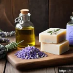 천연비누 홈메이드 만드는 법 - A rustic artisan soap-making scene featuring natural ingredients on a wooden table: glass bowls cont...
