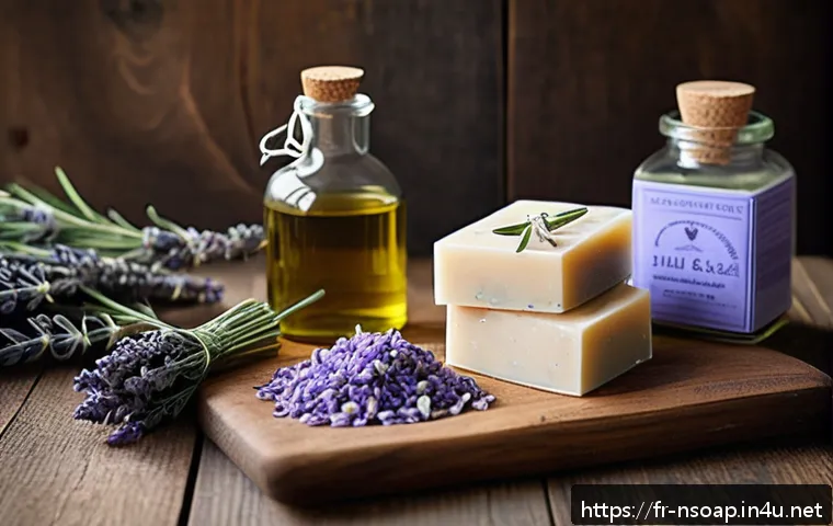 천연비누 홈메이드 만드는 법 - A rustic artisan soap-making scene featuring natural ingredients on a wooden table: glass bowls cont...