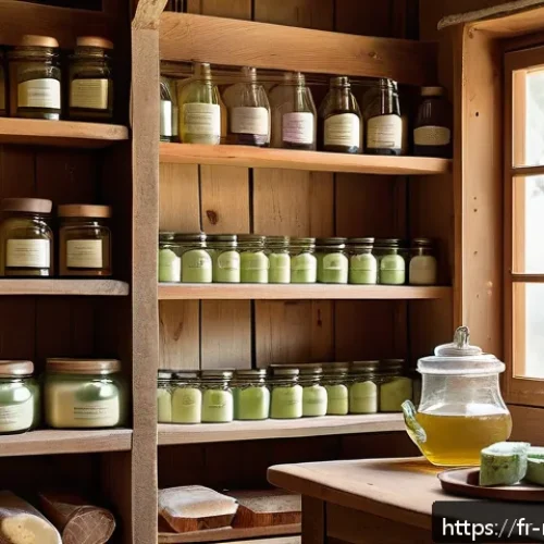 천연비누와 피부 관리 - A serene French countryside soap-making workshop scene featuring artisanal cold-processed natural so...