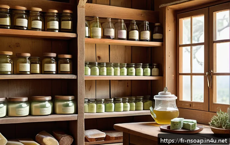 천연비누와 피부 관리 - A serene French countryside soap-making workshop scene featuring artisanal cold-processed natural so...