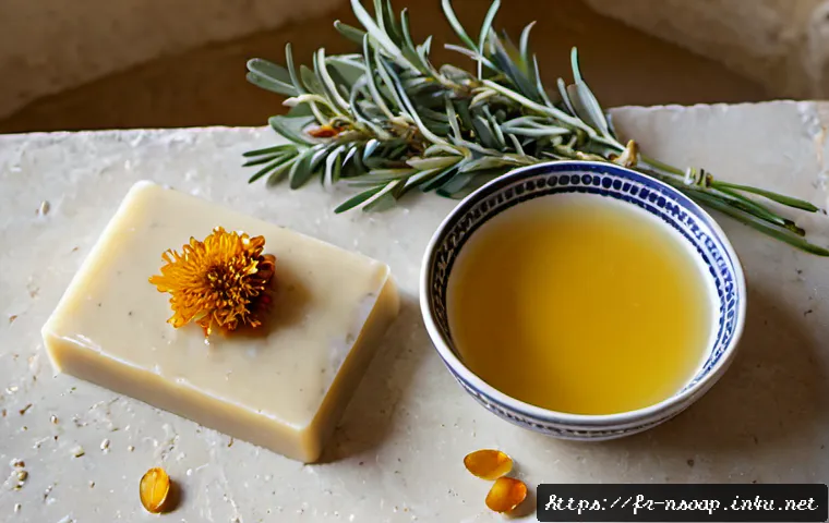 천연비누에 좋은 성분 - Photorealistic overhead still life of beneficial natural soap ingredients arranged on a pale limesto...