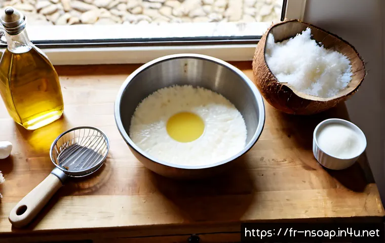 천연비누 베이스 제작법 - Photorealistic French home workshop scene for making a natural soap base, overhead view of a clean w...