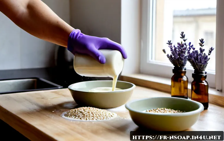 Home 17 천연비누 만들기 초보자 - Photorealistic beginner-friendly natural soap making scene in a bright French home kitchen, adult ha...