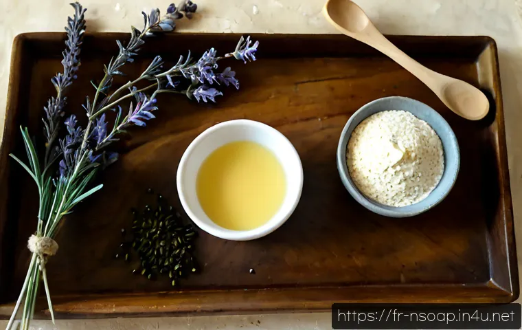 Home 17 천연비누 재료 추천 - Photorealistic overhead flat lay of recommended natural soap-making ingredients on a rustic French f...